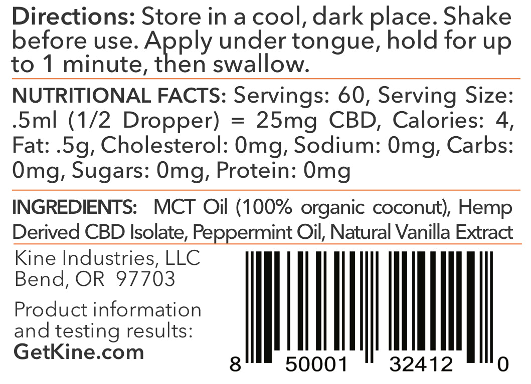 Kine Mint Flavored 1500mg organic CBD Tincture drops Ingredients List and Nutritional Facts