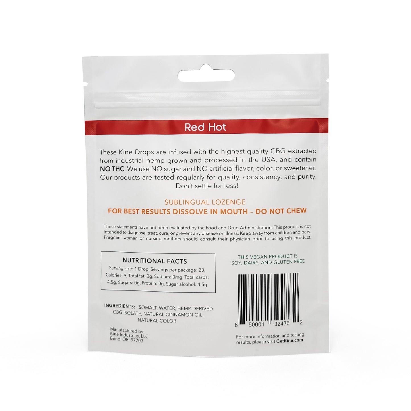 Kine Red Hot Cinnamon Flavored Organic CBG 25mg 500mg lozenge drops organic ingredients list and nutritional facts