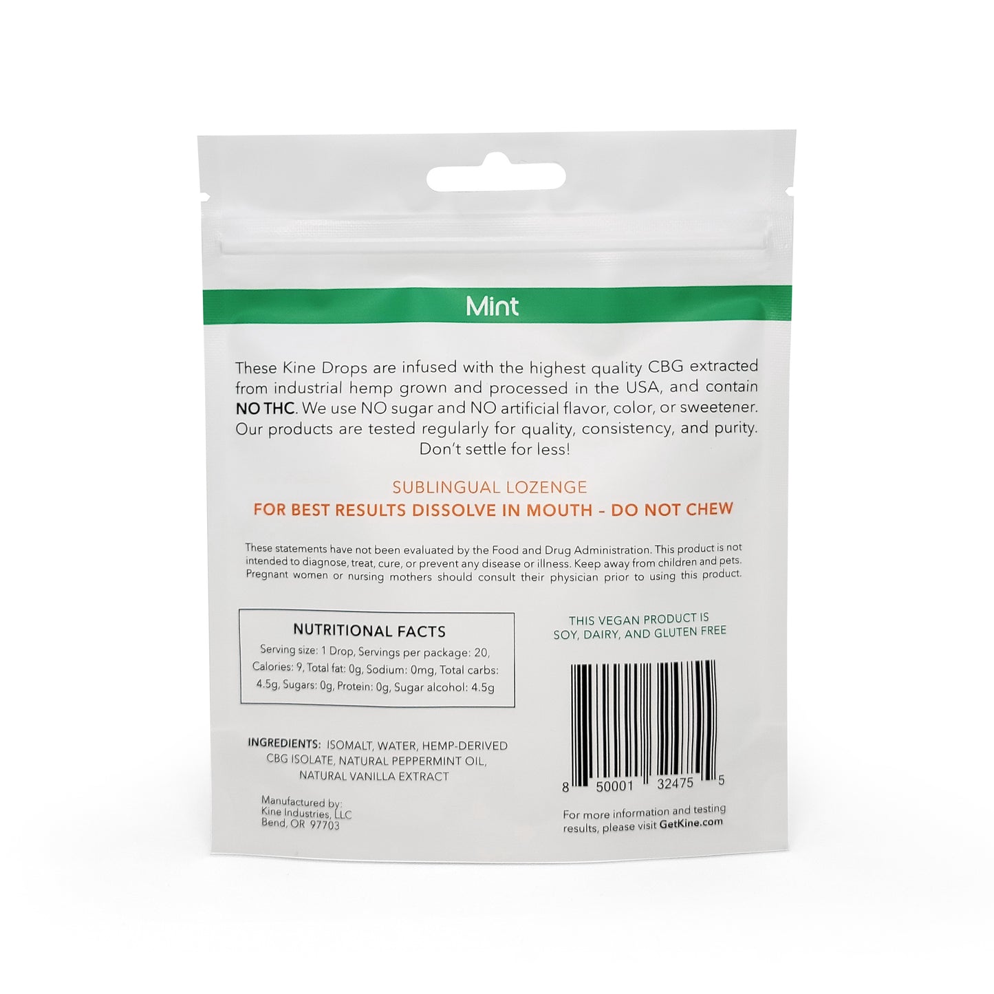 Kine Mint Flavored Organic CBG 25mg 500mg lozenge drops ingredients list and nutritional facts