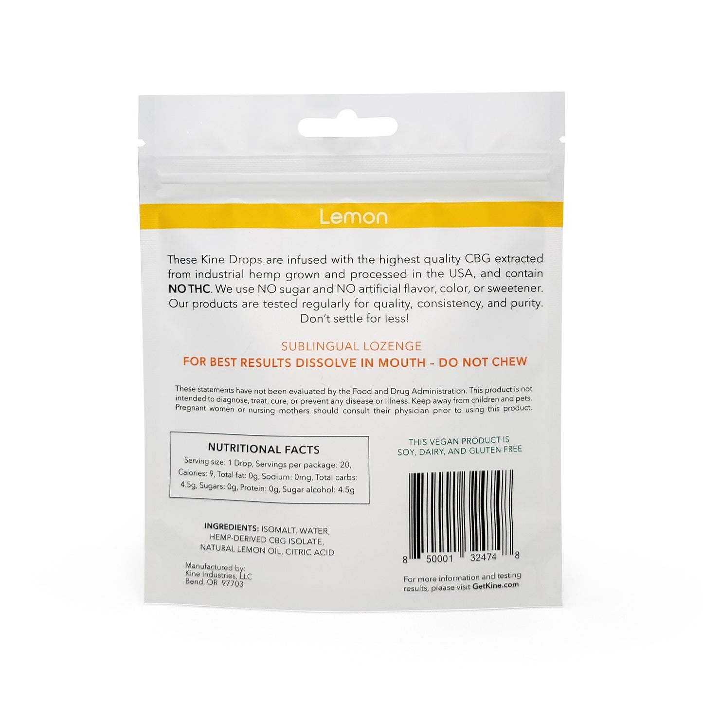 Kine Lemon flavored organic CBG 25mg 500mg lozenges drops Ingredients List and Nutritional Facts