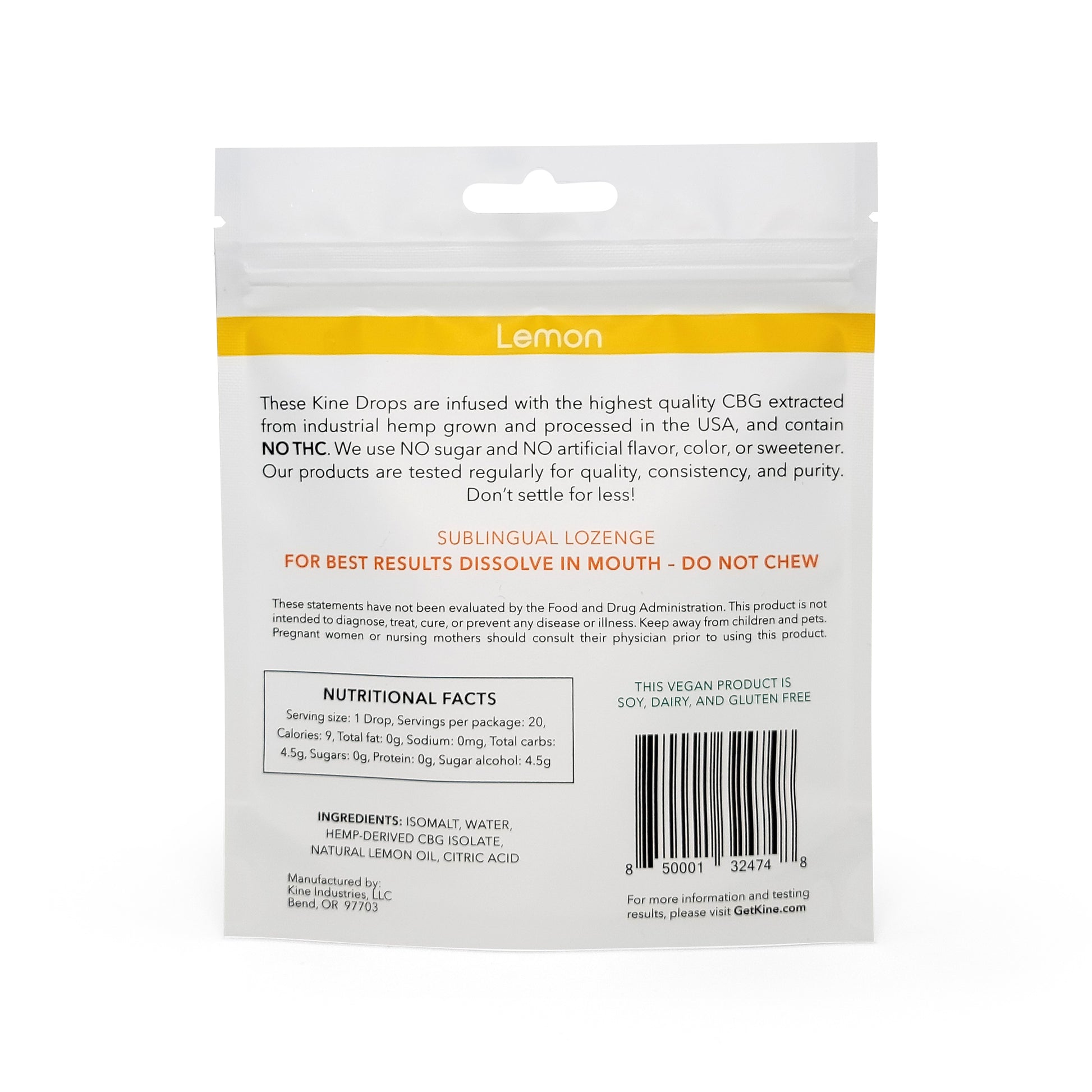 Kine Lemon flavored organic CBG 25mg 500mg lozenges drops Ingredients List and Nutritional Facts