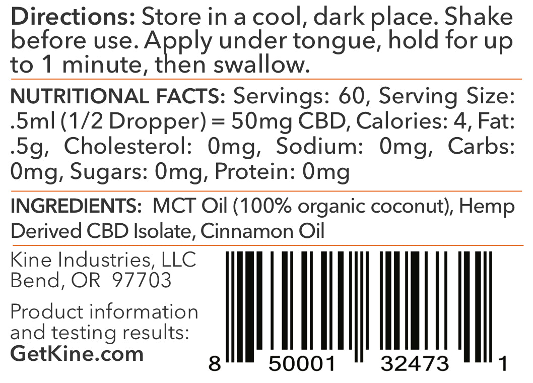 Kine Red Hot Cinnamon Flavored Organic CBD 3000mg Tincture drops ingredients list and nutritional facts