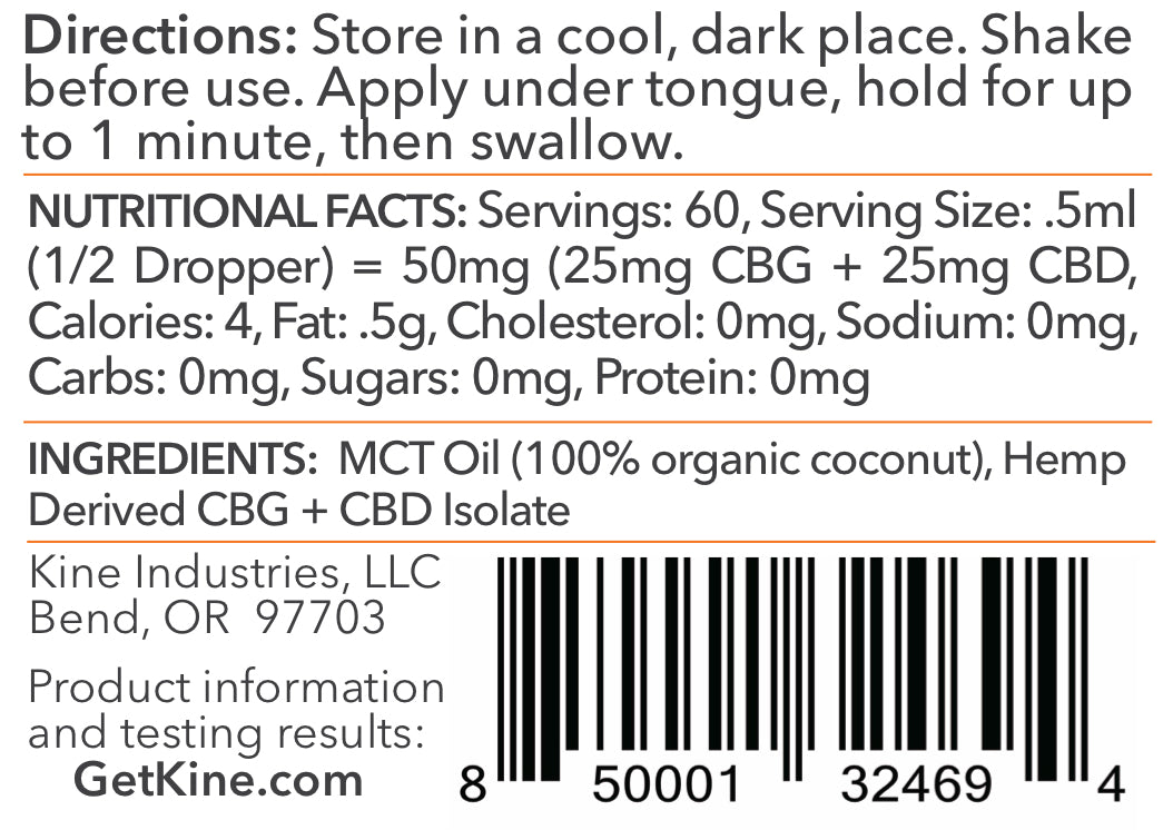 Kine Unflavored plain organic CBG CBD 1:1 3000mg tincture drops ingredients list and nutritional facts