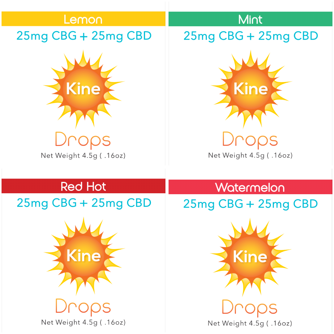 Kine Single 50mg 1:1 CBG CBD Lozenges Drops comes in 4 flavors, lemon, mint, red hot and watermelon