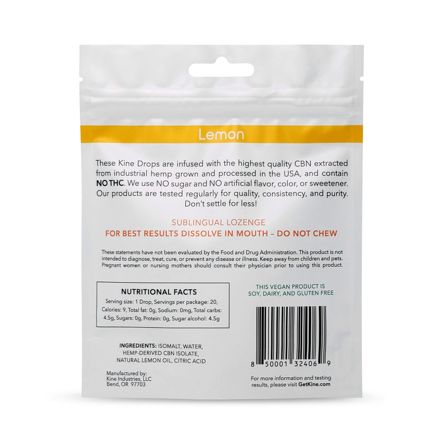 Kine Lemon Flavored 500mb organic CBN lozenge drops Ingredients List and Nutritional Facts