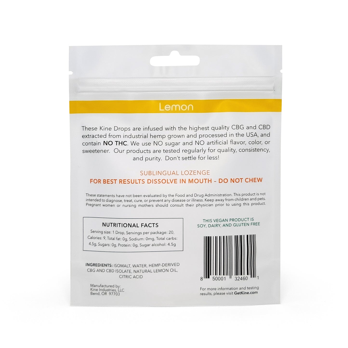 Kine Lemon Flavored Organic Drops 50mg 1000mg CBG CBD 1:1 Lozenges drops Ingredients List and Nutritional Facts 