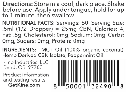 Kine Mint Flavored Organic CBN 1500mg tincture drops ingredients list and nutritional facts