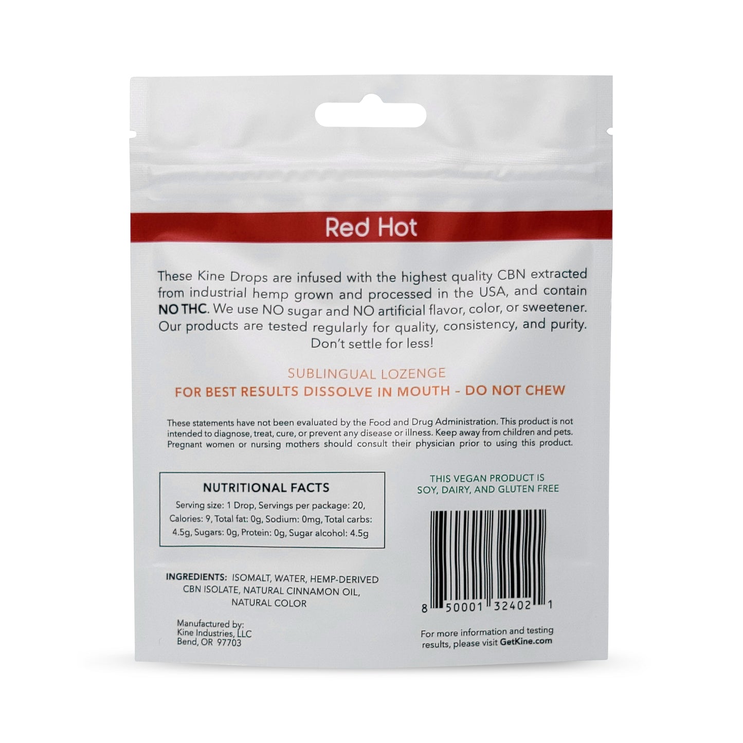 Kine Red Hot Cinnamon Flavored Organic CBN 25mg 500mb Lozenges drops ingredients list and nutritional facts