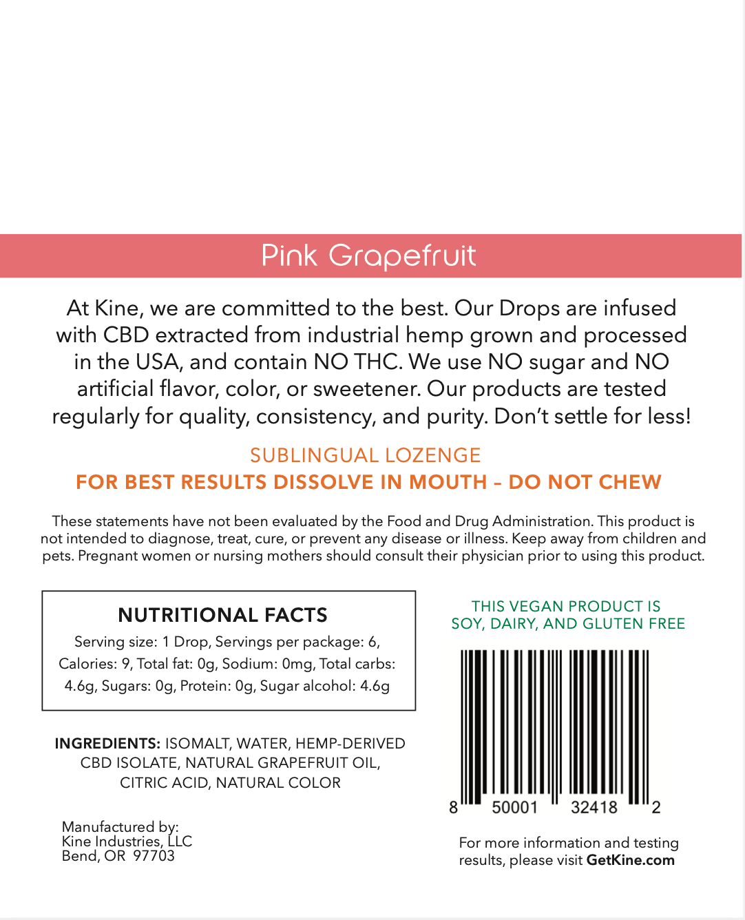 Kine Pink Grapefruit Flavored Organic CBD 25mg 150mg Drops Lozenges ingredients list and nutritional facts