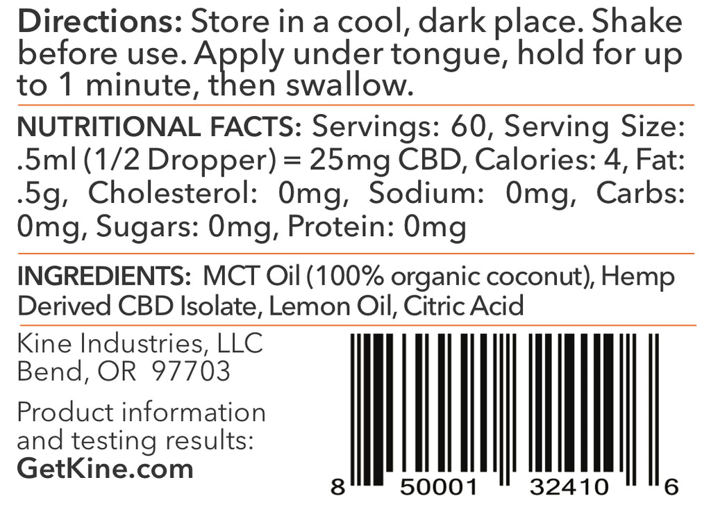 Kine Lemon flavored organic CBD tincture 1500mg 3000mg hemp-derived drops list of Ingredients and Nutritional Facts