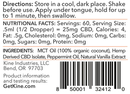 Kine Mint Flavored 1500mg organic CBD Tincture drops Ingredients List and Nutritional Facts