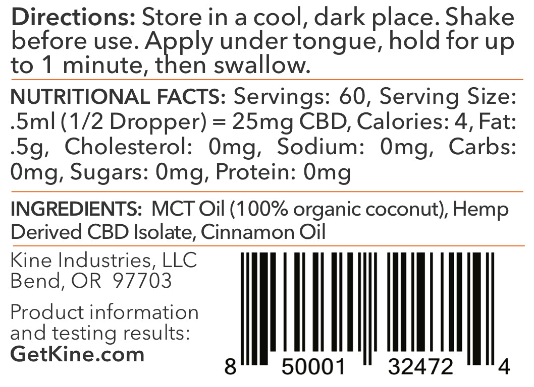 Kine Red Hot Cinnamon Flavored Organic CBD 1500mg Tincture drops ingredients list and nutritional facts