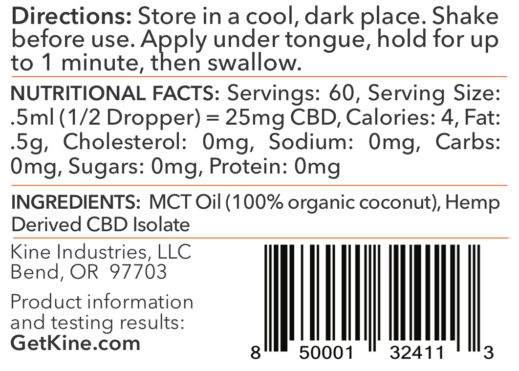 Kine Unflavored plain Organic CBD 1500mg Tincture drops ingredients list and nutritional facts