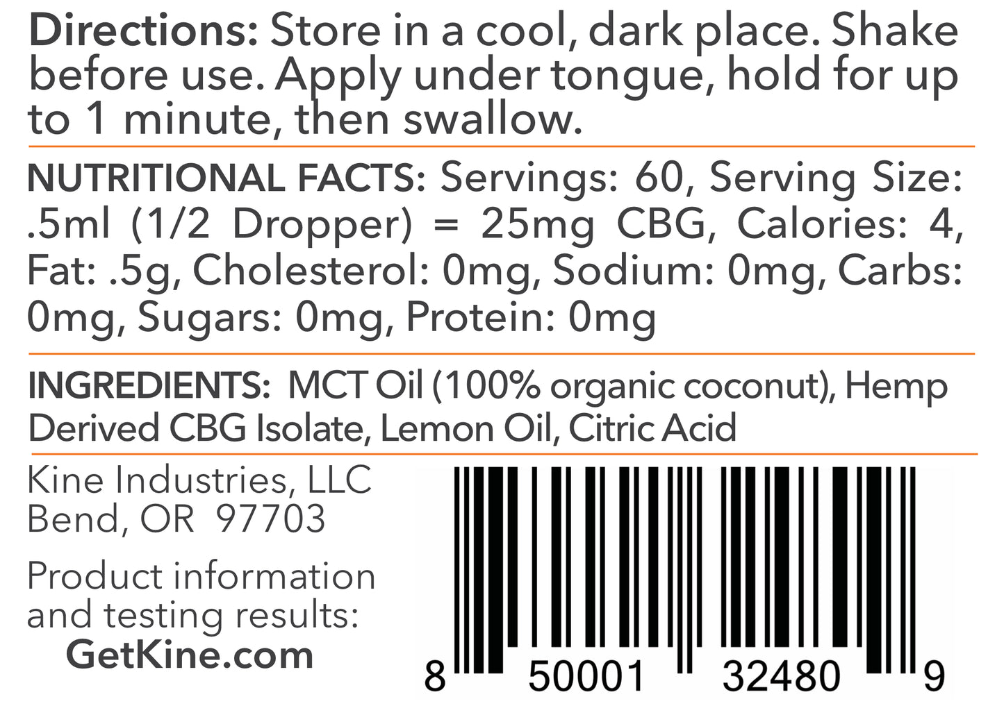 Kine Lemon flavored organic CBG 1500mg tincture drops Ingredients List and Nutritional Facts