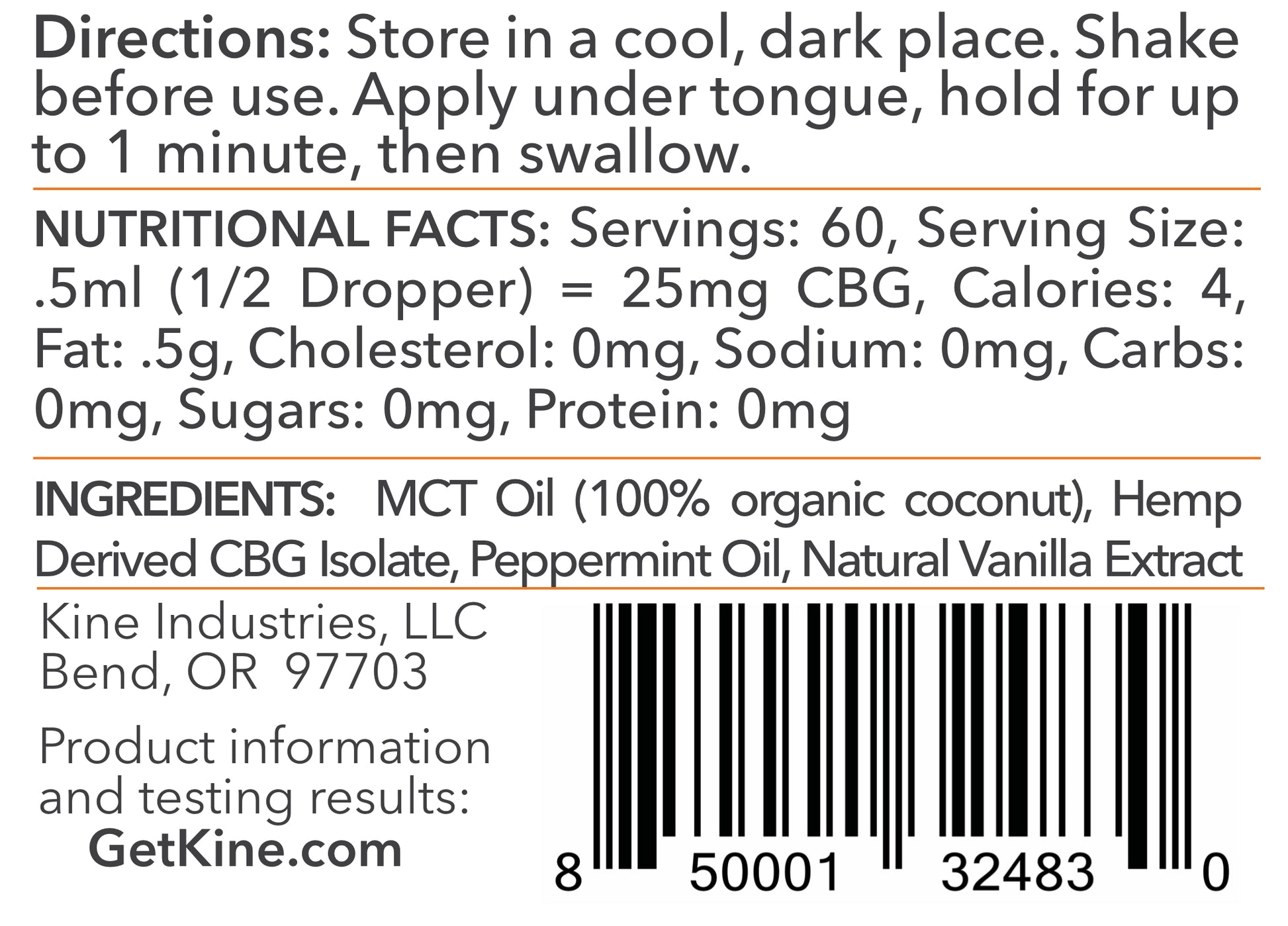 Kine Mint Flavored organic CBG 1500mg tincture drops ingredients list and nutritional facts