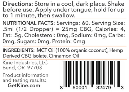 Kine Red Hot Cinnamon Flavored Organic CBG 1500mg tincture drops ingredients list and nutritional facts