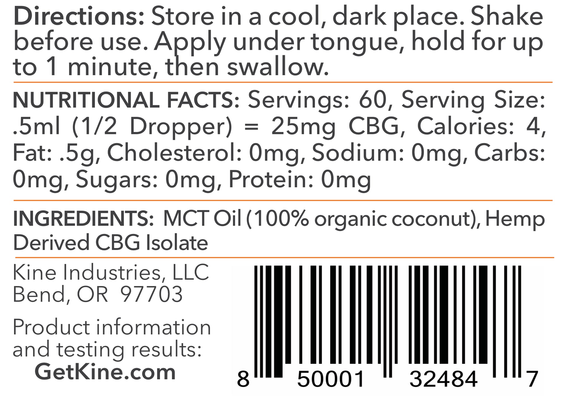 Kine Unflavored plain Organic CBG 1500mg Tincture drops ingredients list and nutritional facts