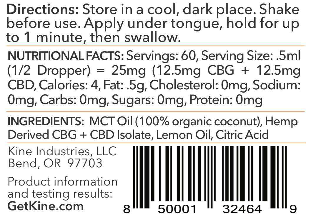 Kine Lemon Flavored Organic Tincture CBG CBD 1:1 1500mg drops Ingredients List and Nutritional Facts