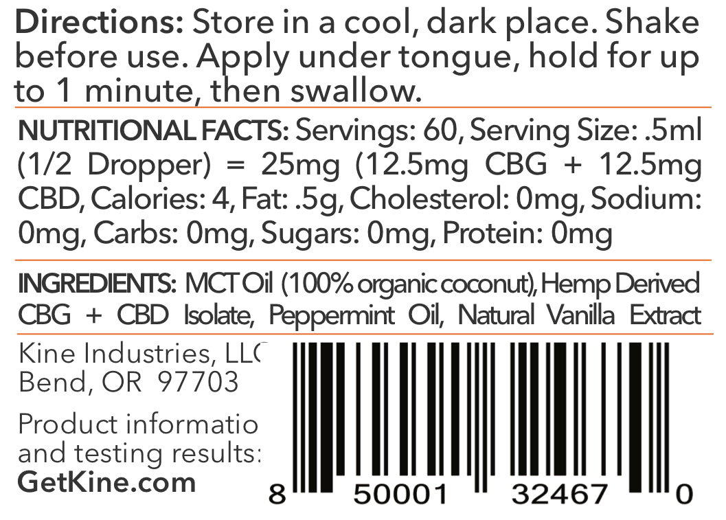 Kine Mint Flavored Organic CBG CBD 1:1 1500mg tincture drops ingredients list and nutritional facts