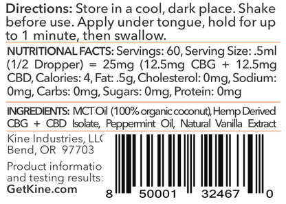 Kine Mint Flavored Organic CBG CBD 1:1 1500mg tincture drops ingredients list and nutritional facts
