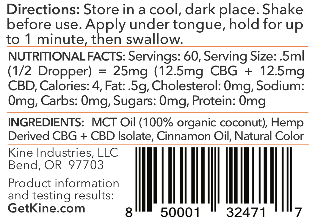 Kine Red Hot Cinnamon Flavored Organic CBG CBD 1:1 1500mg tincture drops ingredients list and nutritional facts