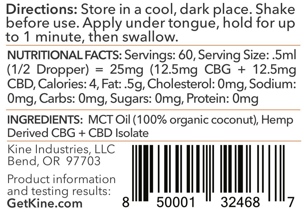 Kine Unflavored plain organic CBG CBD 1:1 1500mg tincture drops ingredients list and nutritional facts