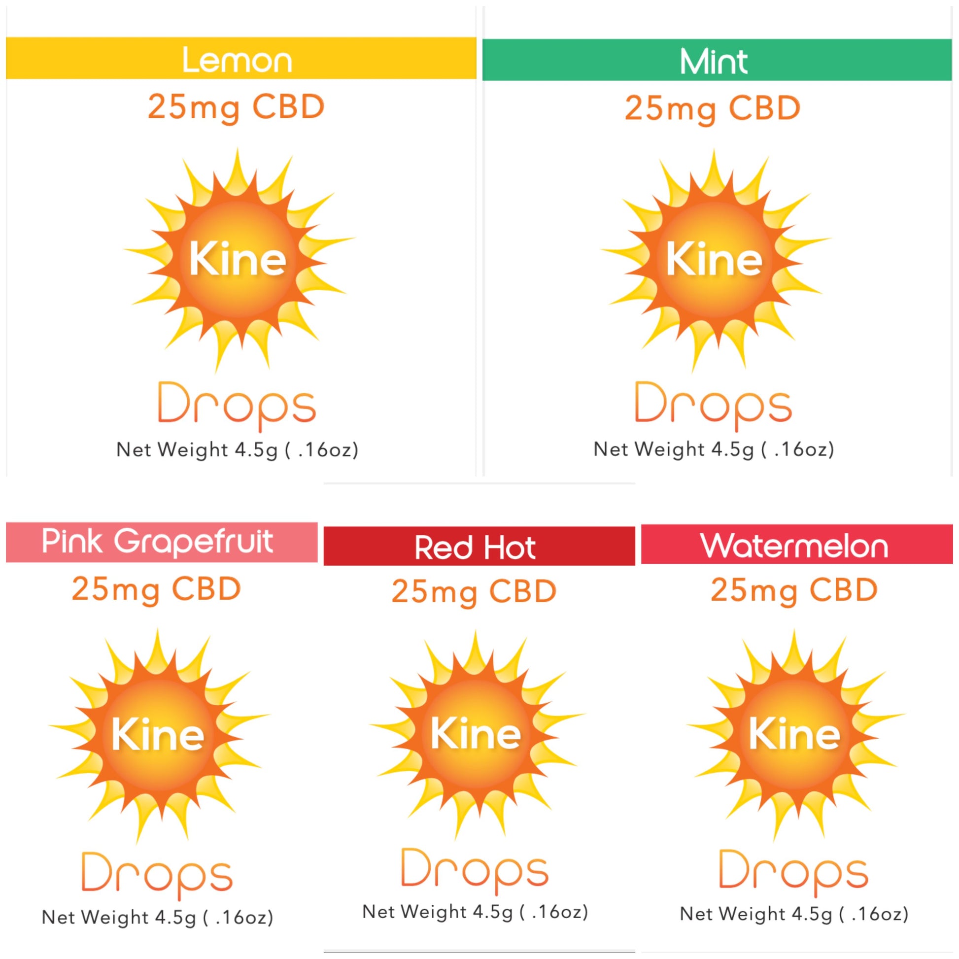 Kine Single 25mg CBD lozenges drops in 5 flavors, lemon, mint, pink grapefruit, red hot and watermelon