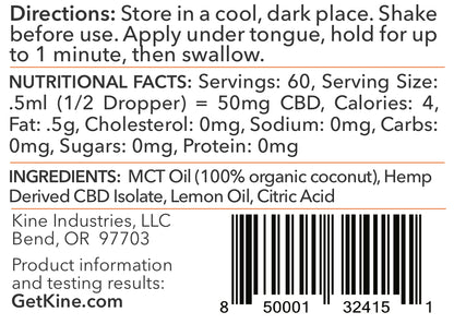 Kine Lemon flavored organic CBD tincture 3000mg hemp-derived drops Ingredients list and Nutritional Facts