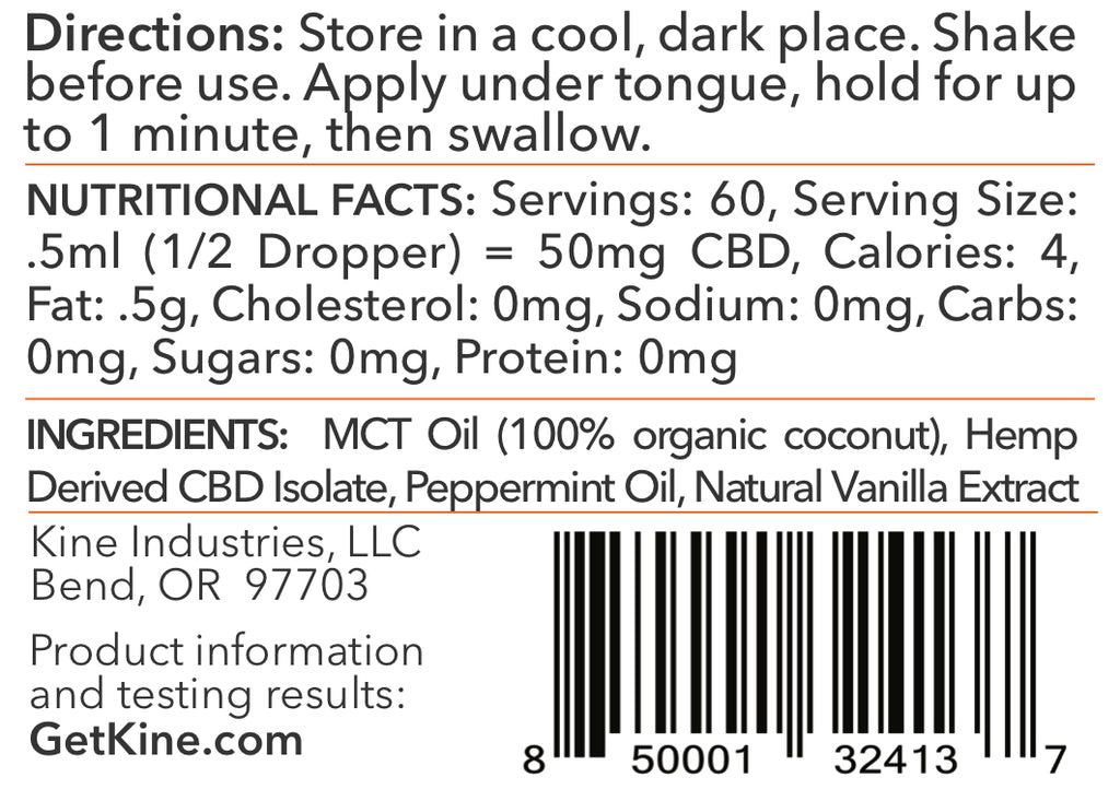 Kine Mint Flavored 3000mg organic CBD Tincture drops ingredients list and nutritional facts