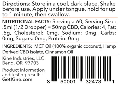 Kine Red Hot Cinnamon Flavored Organic CBD 3000mg Tincture drops ingredients list and nutritional facts