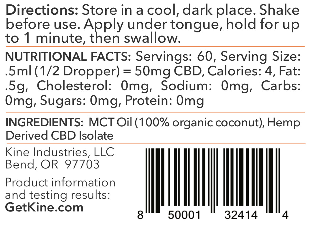 Kine Unflavored plain Organic CBD 3000mg Tincture drops ingredients list and nutritional facts
