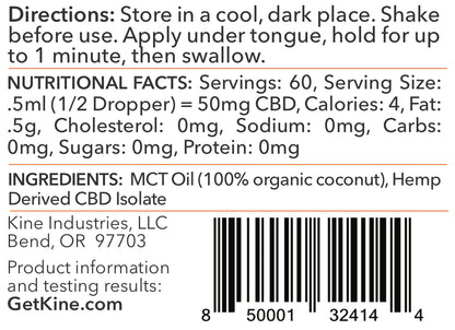 Kine Unflavored plain Organic CBD 3000mg Tincture drops ingredients list and nutritional facts