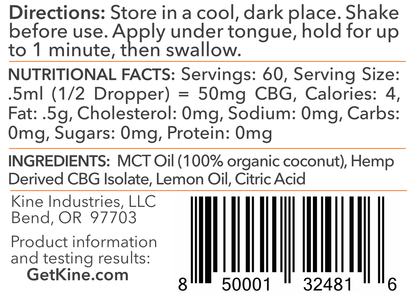 Kine Lemon flavored organic CBG 3000mg tincture drops Ingredients List and Nutritional Facts