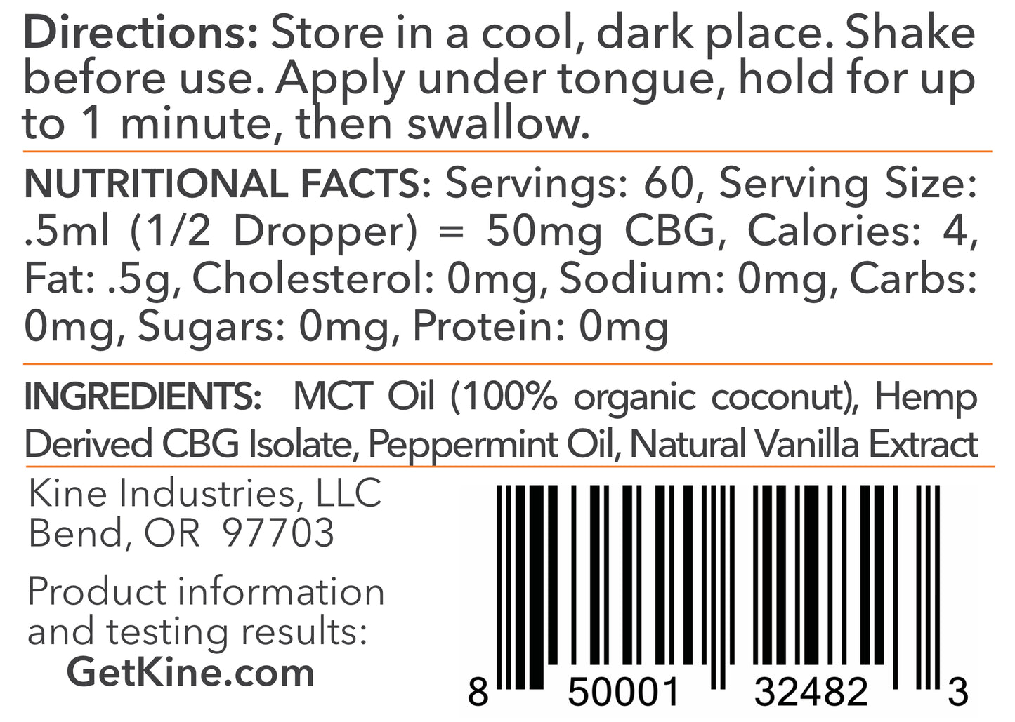 Kine Mint Flavored organic CBG 3000mg tincture drops ingredients list and nutritional facts