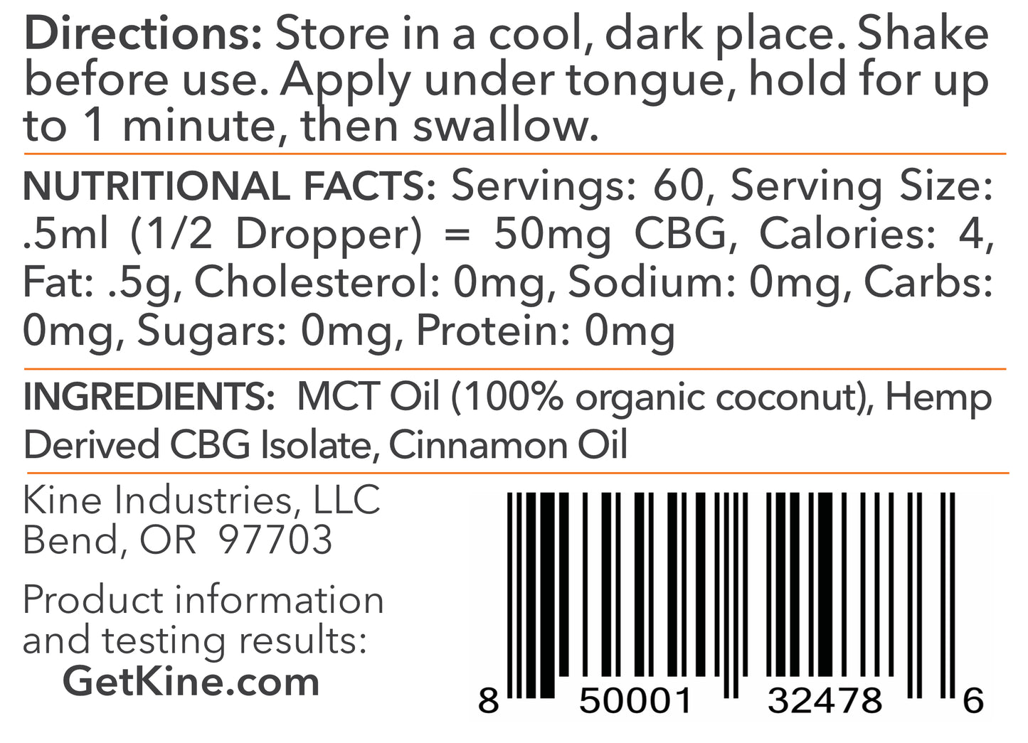 Kine Red Hot Cinnamon Flavored Organic CBG 3000mg tincture drops ingredients list and nutritional facts
