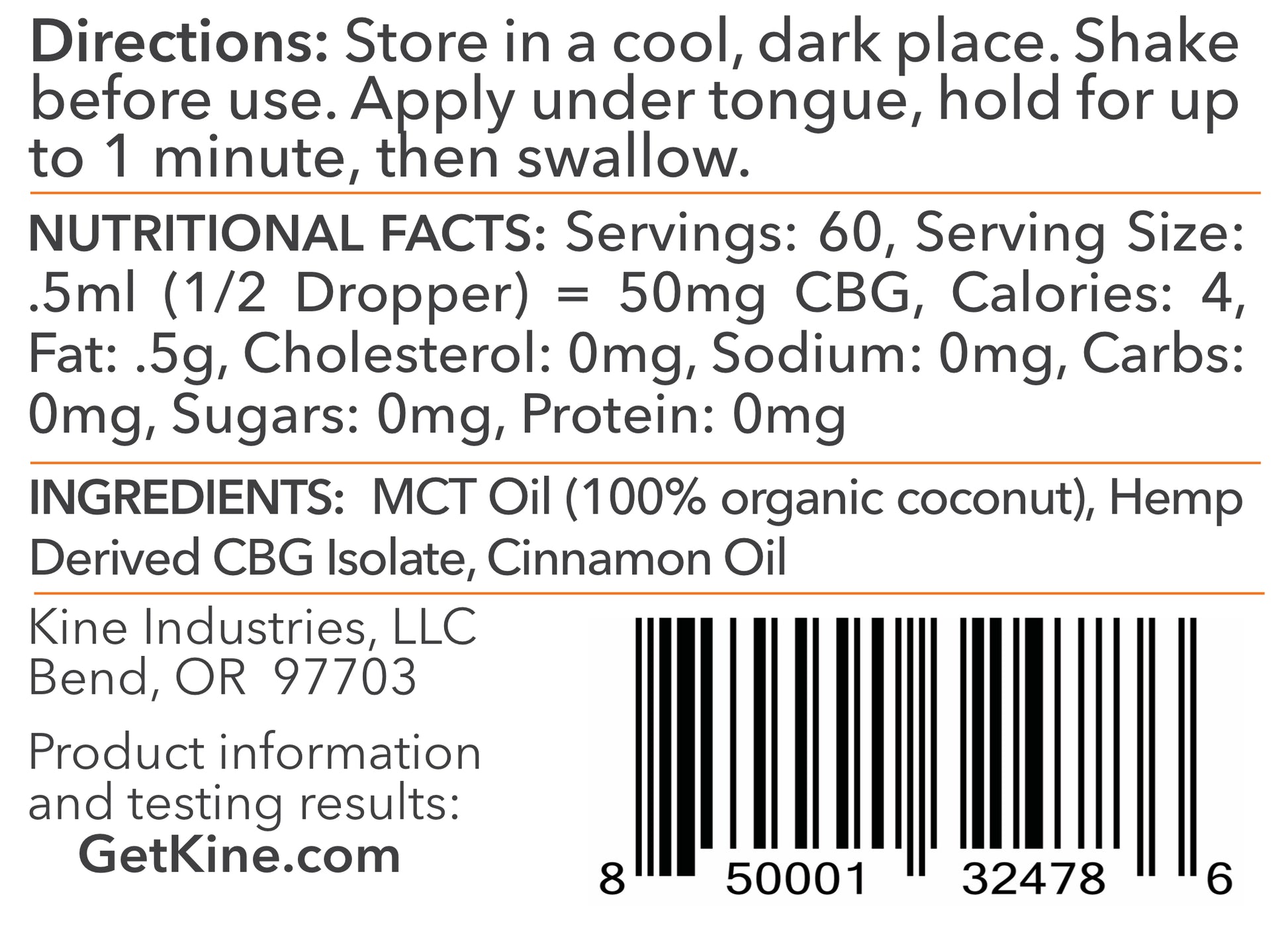 Kine Red Hot Cinnamon Flavored Organic CBG 3000mg tincture drops ingredients list and nutritional facts