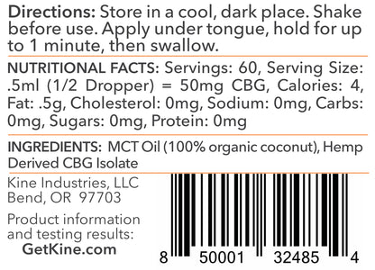 Kine Unflavored plain Organic CBG 3000mg Tincture drops ingredients list and nutritional facts