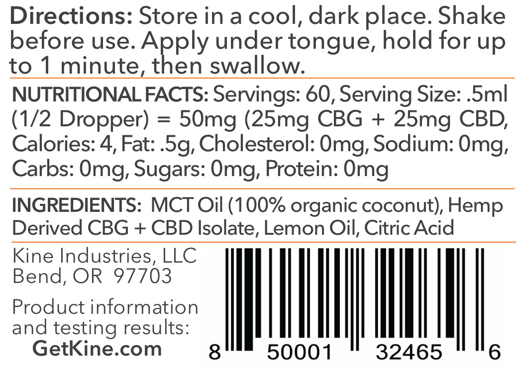 Kine Lemon Flavored Organic Tincture CBG CBD 1:1 3000mg drops Ingredients List and Nutritional Facts