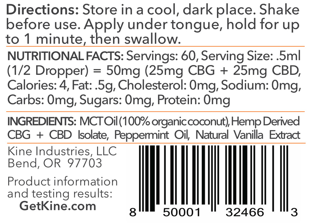 Kine Mint Flavored Organic CBG CBD 1:1 3000mg tincture drops ingredients list and nutritional facts