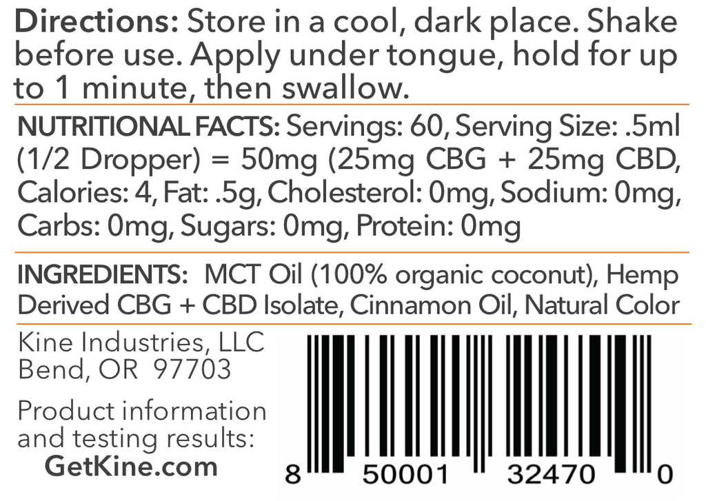 Kine Red Hot Cinnamon Flavored Organic CBG CBD 1:1 3000mg tincture drops ingredients list and nutritional facts