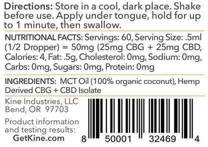 Kine Unflavored plain organic CBG CBD 1:1 3000mg tincture drops ingredients list and nutritional facts