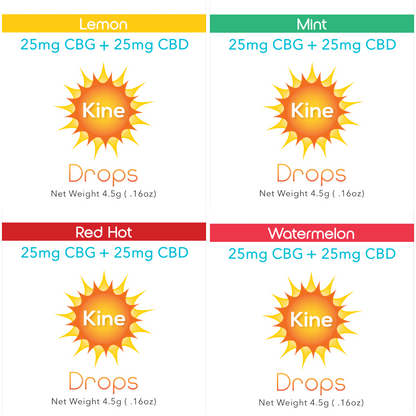 Kine Single 50mg 1:1 CBG CBD Lozenges Drops comes in 4 flavors, lemon, mint, red hot and watermelon