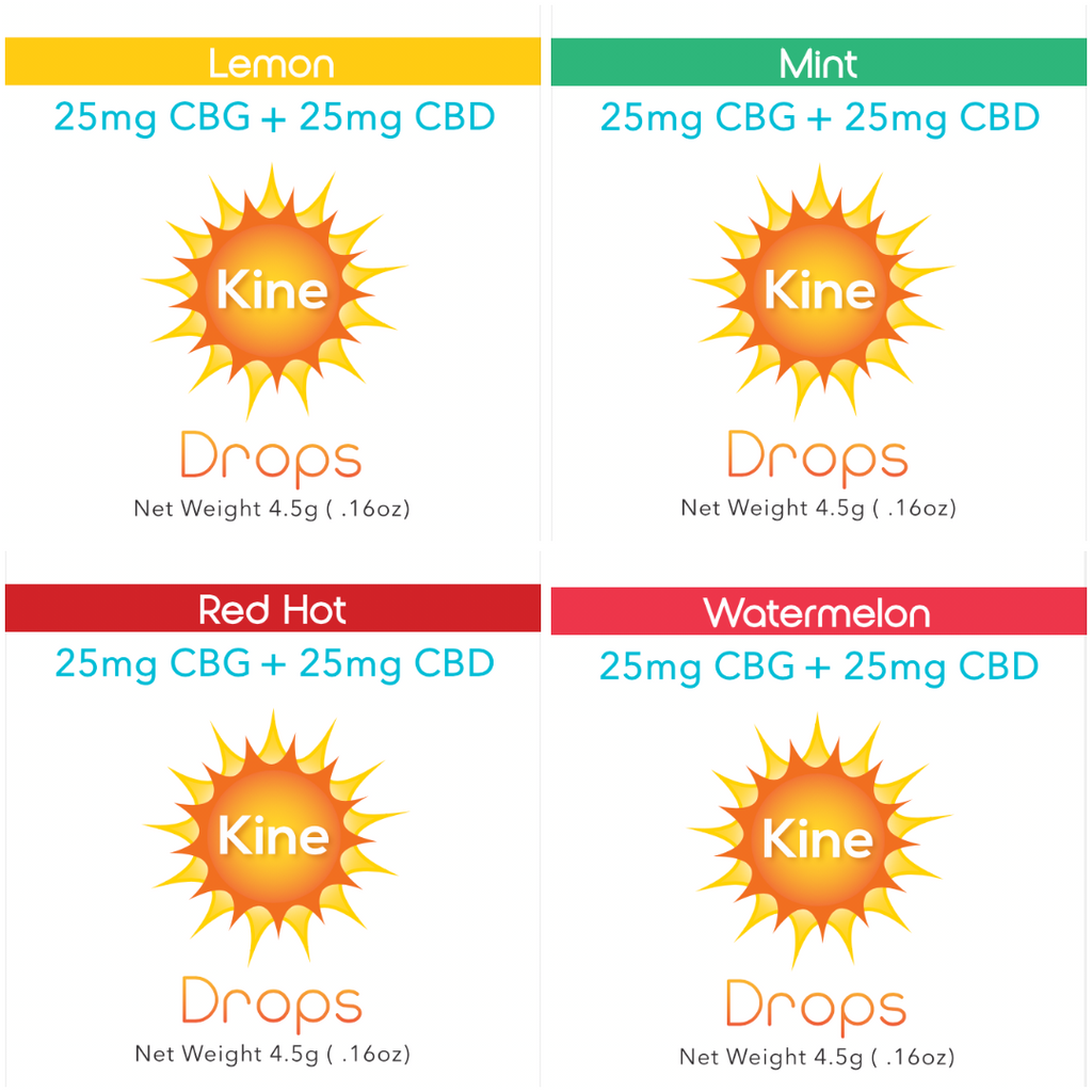 Kine Single 50mg 1:1 CBG CBD Lozenges Drops comes in 4 flavors, lemon, mint, red hot and watermelon