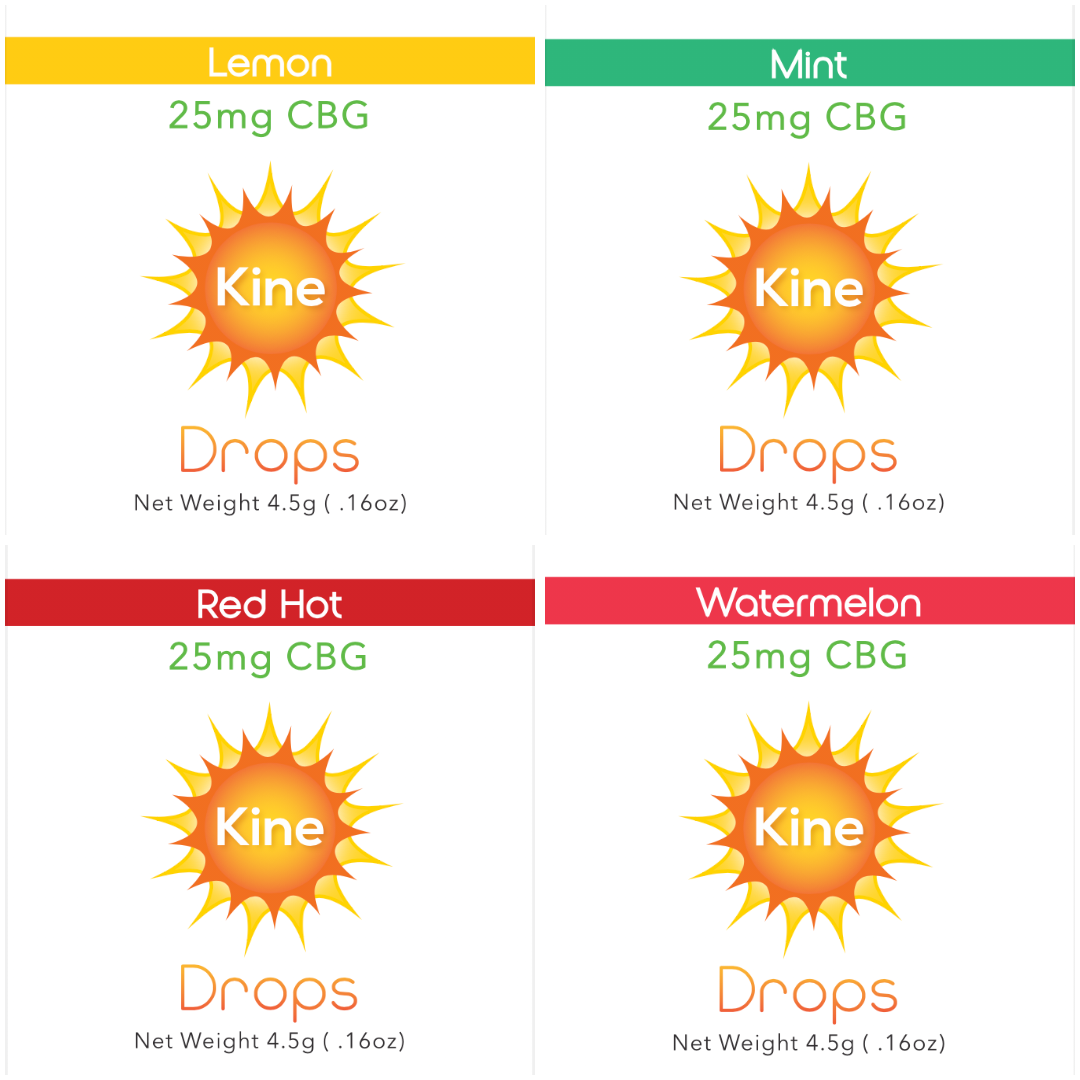 Kine Single 25mg CBG lozenges drops in 4 flavors, lemon, mint, red hot and watermelon
