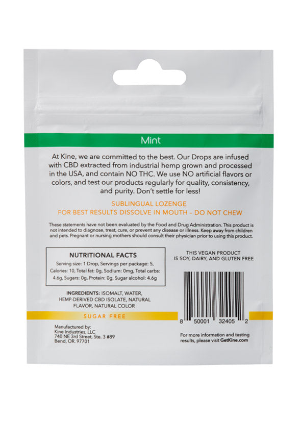 Kine Mint Flavored organic CBD 10mg 50mg Drops Lozenges Ingredients List and Nutritional Facts