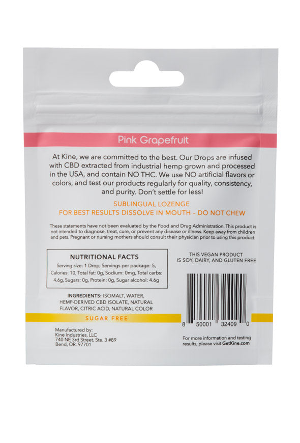 Kine Pink Grapefruit Flavored Organic CBD 10mg 50mg Drops Lozenges ingredients list and nutritional facts