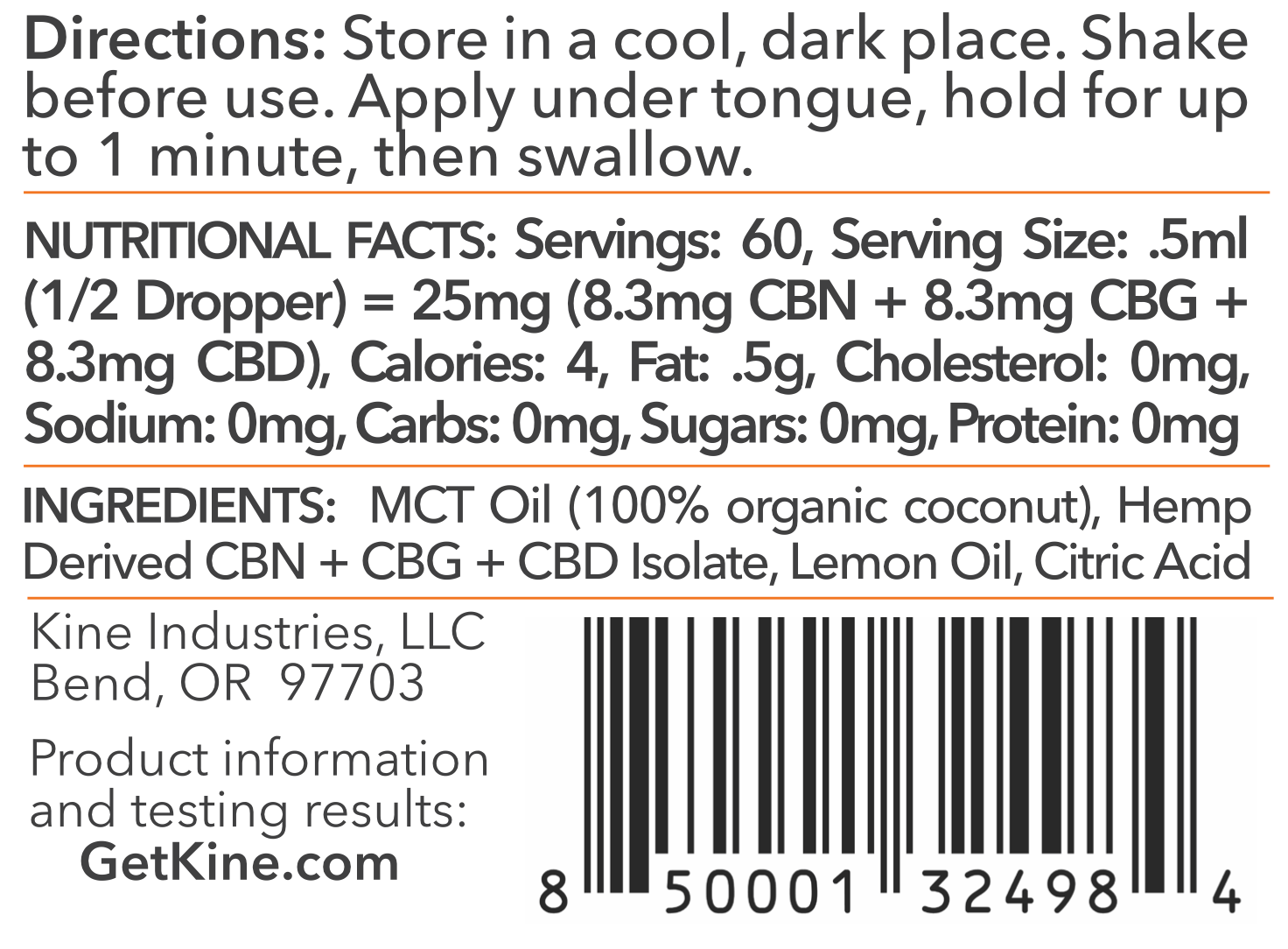 Kine Lemon flavored organic CBN/CBG/CBD 1:1:1 ratio 1500mg tincture drops Ingredients List and Nutritional Facts