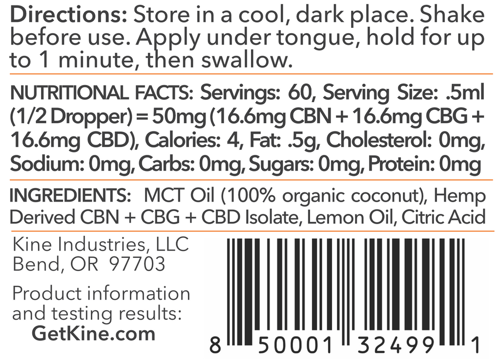 Kine Lemon flavored organic CBN/CBG/CBD 1:1:1 ratio 3000mg tincture drops Ingredients list and Nutritional Facts