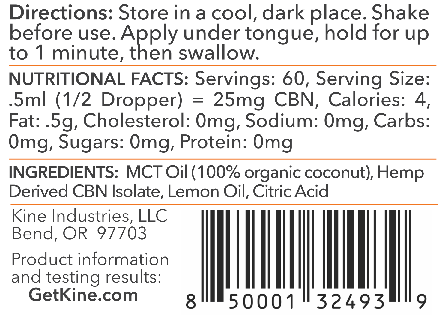 Kine Lemon flavored organic CBN 1500mg tincture drops Ingredients List and Nutritional Facts