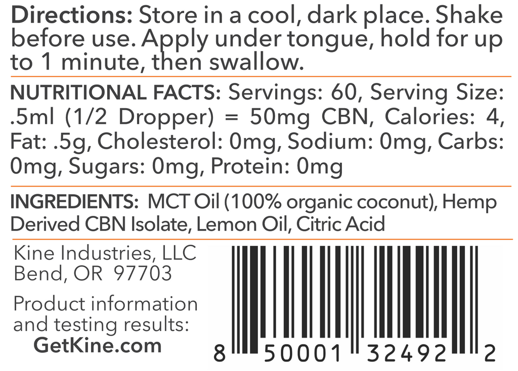 Kine Lemon flavored organic CBN 3000mg tincture drops Ingredients list and Nutritional Facts